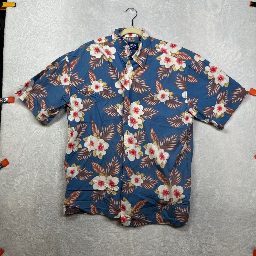 High Sierra Hawaiian Button Up Shirt Men's Blue Tropical Short Sleeve Beach - L‎